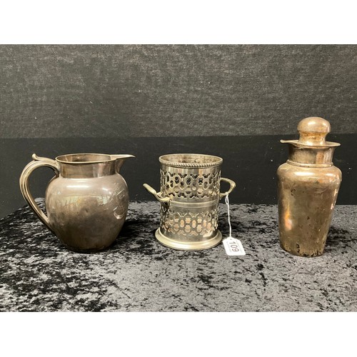 109 - SILVER PLATED COCKTAIL SHAKER,BOTTLE HOLDER AND JUG