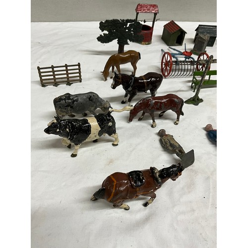 128 - COLLECTION OF BRITIANS LEAD FARMYARD ANIMALS AND ACCESSORIES