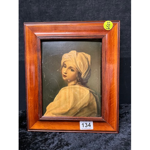 134 - FRAMED ANTIQUE PICTURE OF YOUNG LADY ON METAL PANEL 13” X 11”