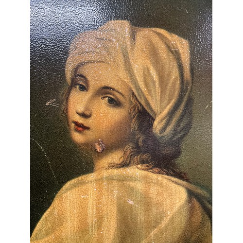 134 - FRAMED ANTIQUE PICTURE OF YOUNG LADY ON METAL PANEL 13” X 11”