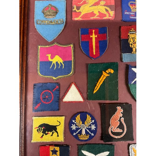 135 - FRAMED COLLECTION OF MILITARY CLOTH PATCHES 26” X 18”