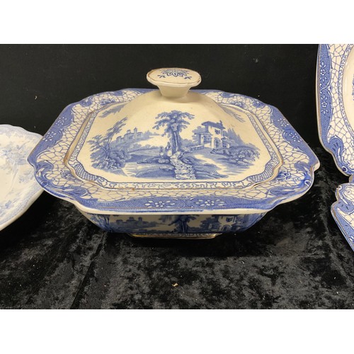 148 - BOX OF VICTORIAN BLUE AND WHITE CERAMICS TO INCLUDE FEASANT MEAT PLATE ETC