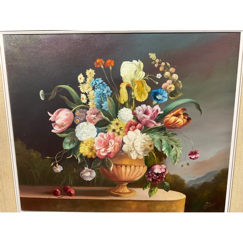 152 - VINTAGE OILS ON CANVAS STILL LIFE PAINTING OF VASE AND FLOWERS SIGNED GAN 30” X 35”