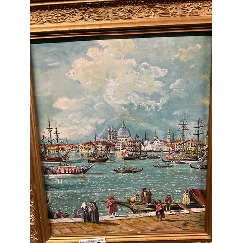 153 - OILS ON CANVAS OF ANTIQUE STYLE VENETIAN SCENE DEPICTING BOATS AND SHIPS IN LAGOON WITH BUILDINGS BE... 