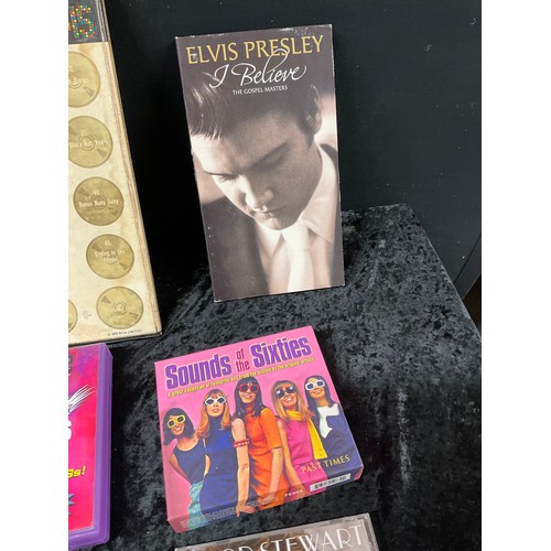 166 - BOX OF DVDS , BOXED SET OF ELVIS WORLDWIDE GOLD AWARD AND BOX OF KNITTING BOOKS