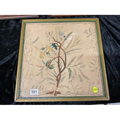 181 - VINTAGE FRAMED EMBROIDERED PANEL DEPICTING A TREE ALONG WITH ENGRAVING OF VICTORIAN GENTLEMAN AND SH... 