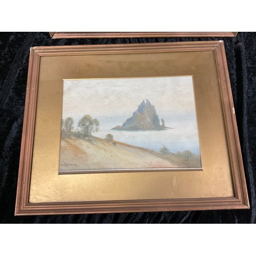 182 - TWO ANTIQUE WATERCOLORS LANDSCAPES A/F ALONG WITH OILS ON CANVAS AND TWO HAND PAINTED WALL PLATES LA... 