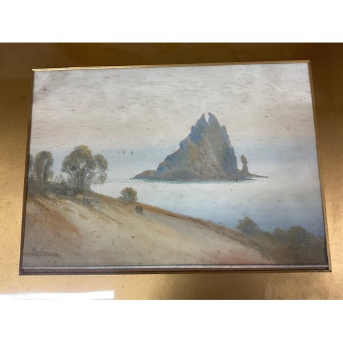 182 - TWO ANTIQUE WATERCOLORS LANDSCAPES A/F ALONG WITH OILS ON CANVAS AND TWO HAND PAINTED WALL PLATES LA... 