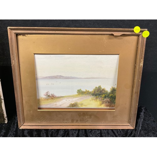 182 - TWO ANTIQUE WATERCOLORS LANDSCAPES A/F ALONG WITH OILS ON CANVAS AND TWO HAND PAINTED WALL PLATES LA... 