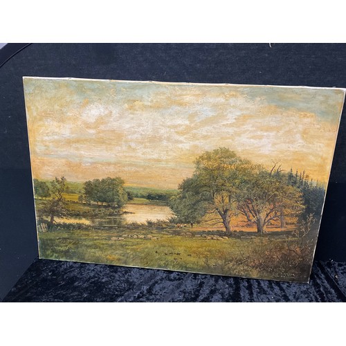 182 - TWO ANTIQUE WATERCOLORS LANDSCAPES A/F ALONG WITH OILS ON CANVAS AND TWO HAND PAINTED WALL PLATES LA... 