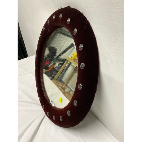 199 - VINTAGE VELVET COVERED CIRCULAR WALL MIRROR DECORATED WITH METAL STUD ROSETTES DIA21