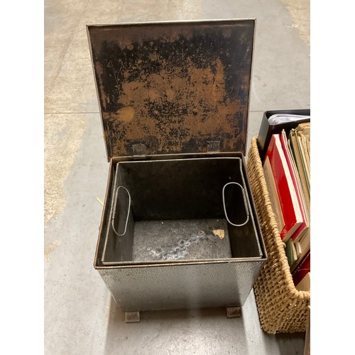 195 - ART DECO CHROME COAL BOX COMPLETE WITH RING HANDLES RAISED ON FOUR FEET AND A BASKET OF BOOKS