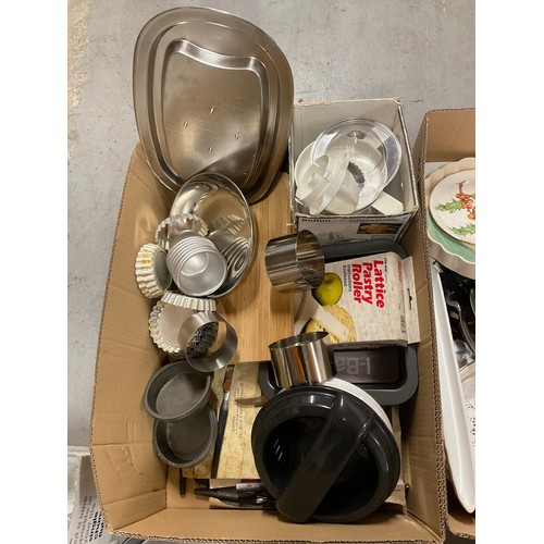 198 - TWO BOXES OF KITCHENWARE TO INCLUDE SCALES,GLASS CHINA ETC