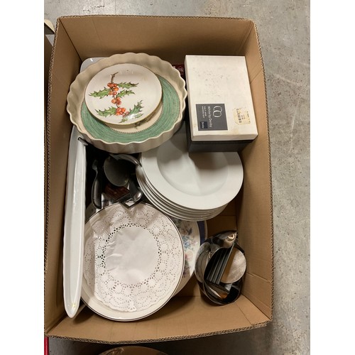 198 - TWO BOXES OF KITCHENWARE TO INCLUDE SCALES,GLASS CHINA ETC