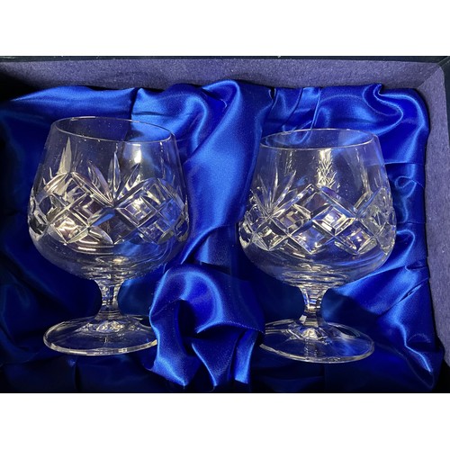 201 - BOX OF ODDS TO INCLUDE BOXED SET OF CRYSTAL WINE GLASSES, BOXED SET OF BOHEMIA CRYSTAL BRANDY GLASSE... 