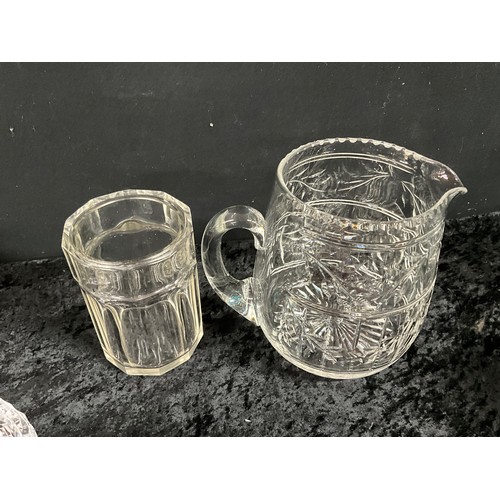 203 - TWO BOXES OF GLASSWARE TO INCLUDE DECANTER,CRYSTAL JUG,FRUIT BOWL,COLOURED GLASS ETC