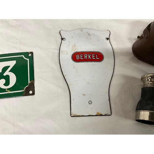 210 - BOX TO INCLUDE TWO VINTAGE OILERS AND TWO VINTAGE ADVERTISING SIGNS AND PAIR OF CASED BINOCULARS