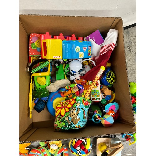 214 - LARGE BOX OF CHILDRENS TOYS TO INCLUDE MOBILE PHONE,PULL ALONG TOYS,CAR TOYS,BALLS,TRUCKS,V TECH ETC