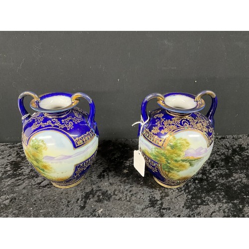 229 - PAIR OF NORITAKE TWIN HANDLED HAND PAINTED BLUE VASES  H7