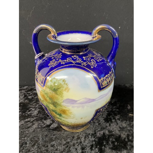 229 - PAIR OF NORITAKE TWIN HANDLED HAND PAINTED BLUE VASES  H7