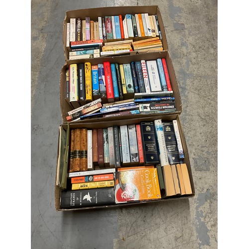 227 - THREE BOXES OF BOOKS TO INCLUDE PAPERBACK AND HARDBACK NOVELS,CHARLES DICKENS,KIRBY LONSDALE MAGAZIN... 