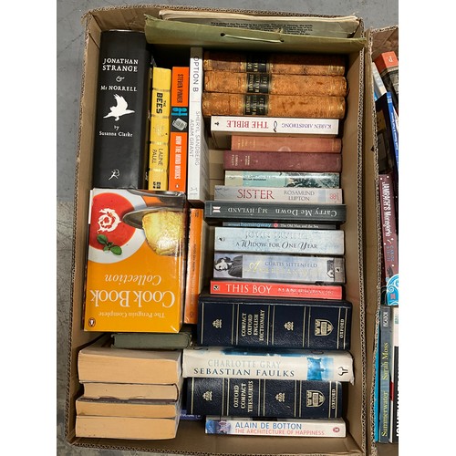 227 - THREE BOXES OF BOOKS TO INCLUDE PAPERBACK AND HARDBACK NOVELS,CHARLES DICKENS,KIRBY LONSDALE MAGAZIN... 