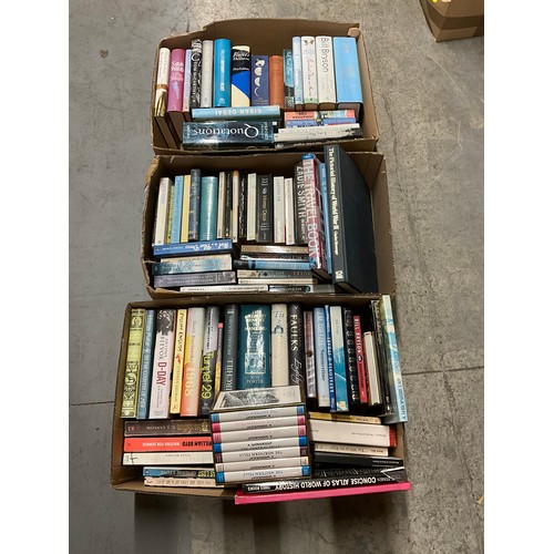 228 - THREE BOXES OF BOOKS TO INCLUDE HARDBACK AND PAPERBACK NOVELS,WW2 ETC