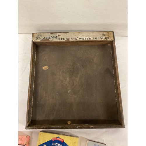 261 - TWO REEVES STUDENTS WATERCOLOUR DISPLAY TRAYS AND VARIOUS VINTAGE MATCHBOXES