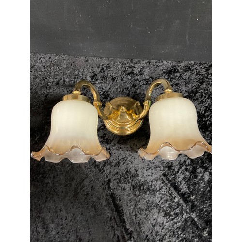 276 - PAIR OF MODERN  BRASS WALL LIGHTS WIH GLASS SHADES