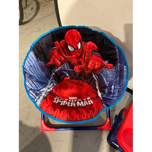 295 - BOX OF CHILDRENS BOOKS, SPIDERMAN CHAIR SEAT ETC