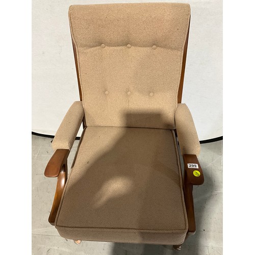 299 - UPHOLSTERED BEECH ARM CHAIR ON CASTERS