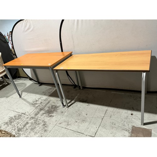 304 - TWO MODERN OFFICE TABLES ON METAL LEGS L47