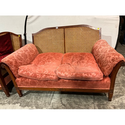 323 - EDWARDIAN MAHOGANY BERGERE TWO SEATER SOFA AND MATCHING ARM CHAIR