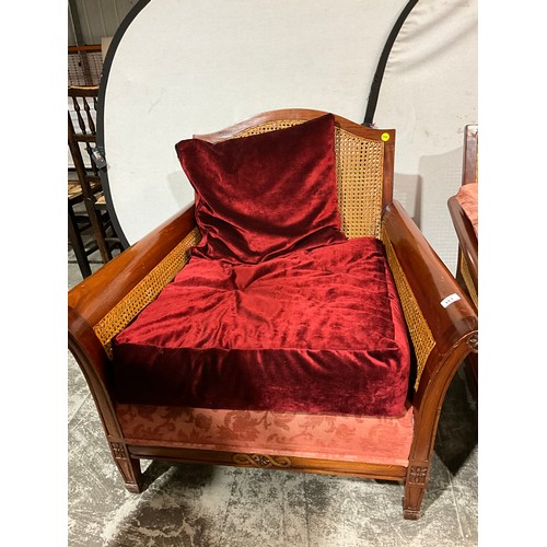 323 - EDWARDIAN MAHOGANY BERGERE TWO SEATER SOFA AND MATCHING ARM CHAIR