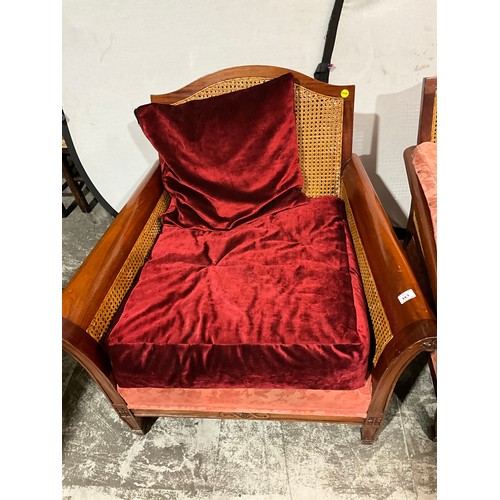 323 - EDWARDIAN MAHOGANY BERGERE TWO SEATER SOFA AND MATCHING ARM CHAIR