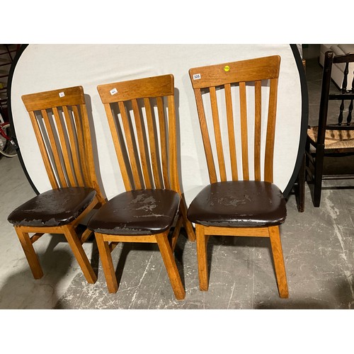 325 - THREE MODERN HIGH BACK OAK DINING CHAIRS SEATS A/F