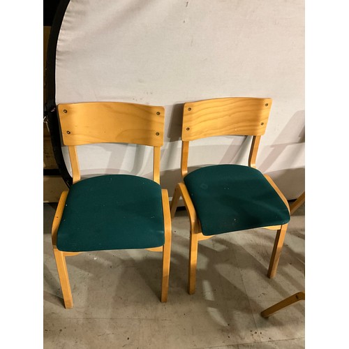 331 - SEVEN STACKING  BEECH CHAIRS WITH UPHOLSTERED SEATS