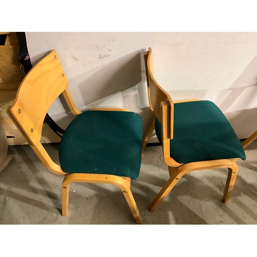 331 - SEVEN STACKING  BEECH CHAIRS WITH UPHOLSTERED SEATS