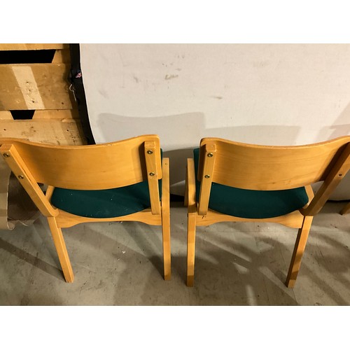 331 - SEVEN STACKING  BEECH CHAIRS WITH UPHOLSTERED SEATS