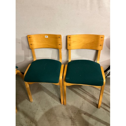 331 - SEVEN STACKING  BEECH CHAIRS WITH UPHOLSTERED SEATS