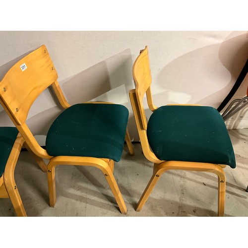 331 - SEVEN STACKING  BEECH CHAIRS WITH UPHOLSTERED SEATS