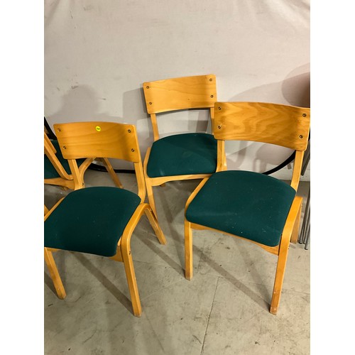 331 - SEVEN STACKING  BEECH CHAIRS WITH UPHOLSTERED SEATS