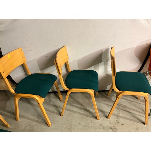 331 - SEVEN STACKING  BEECH CHAIRS WITH UPHOLSTERED SEATS