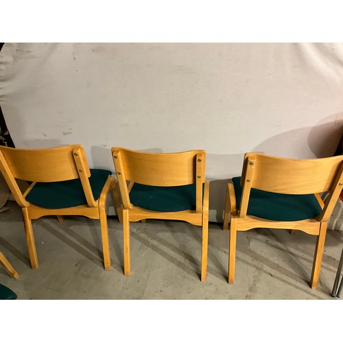 331 - SEVEN STACKING  BEECH CHAIRS WITH UPHOLSTERED SEATS