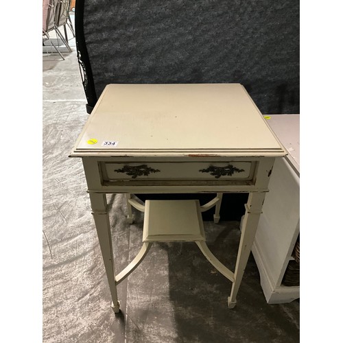 334 - PAINTED EDWARDIAN TABLE, BED SIDE CHEST AND SMALL FOLDING PAINTED TABLE