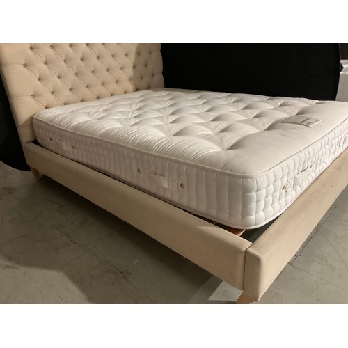 339 - FEATHER AND BLACK DOUBLE BED WITH MATCHING BUTTON BACK HEADBOARD