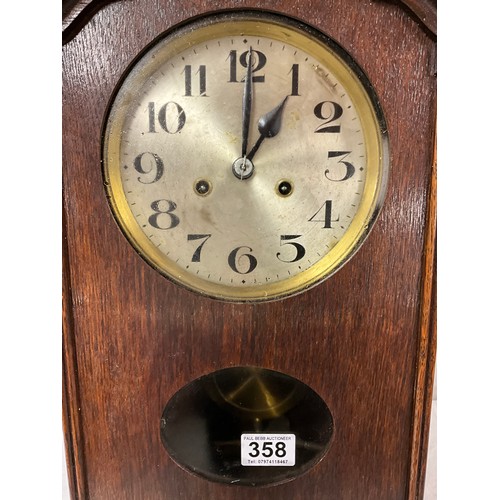 358 - EDWARDIAN OAK CASED EIGHT DAY WALL CLOCK WITH PENDULUM H19