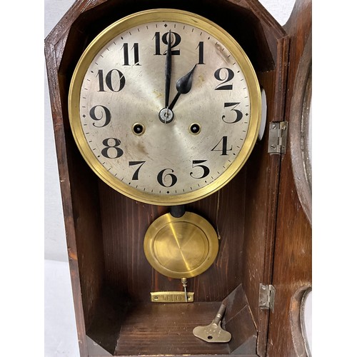 358 - EDWARDIAN OAK CASED EIGHT DAY WALL CLOCK WITH PENDULUM H19