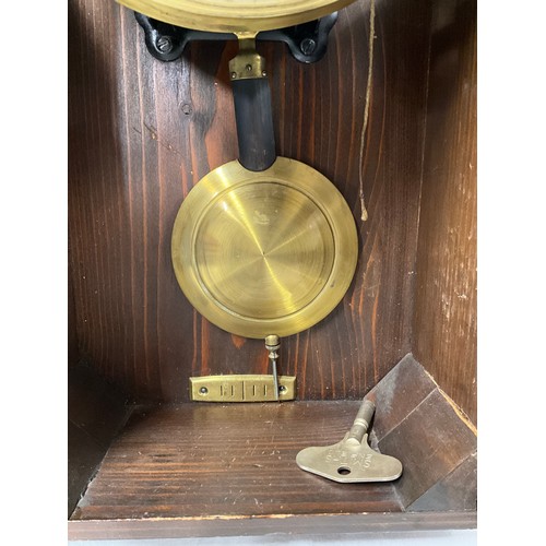 358 - EDWARDIAN OAK CASED EIGHT DAY WALL CLOCK WITH PENDULUM H19