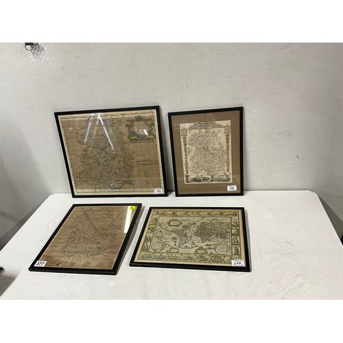 377 - FOUR FRAMED VINTAGE MAPS ONE WORLD MAP, THREE SHROPHIRE MAPS